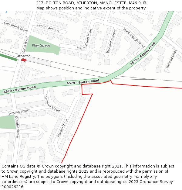 217, BOLTON ROAD, ATHERTON, MANCHESTER, M46 9HR: Location map and indicative extent of plot