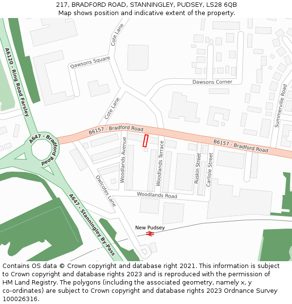 217, BRADFORD ROAD, STANNINGLEY, PUDSEY, LS28 6QB: Location map and indicative extent of plot