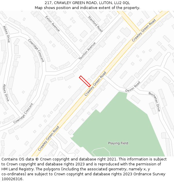 217, CRAWLEY GREEN ROAD, LUTON, LU2 0QL: Location map and indicative extent of plot