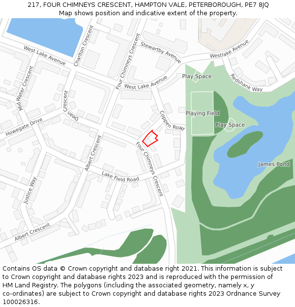 217, FOUR CHIMNEYS CRESCENT, HAMPTON VALE, PETERBOROUGH, PE7 8JQ: Location map and indicative extent of plot