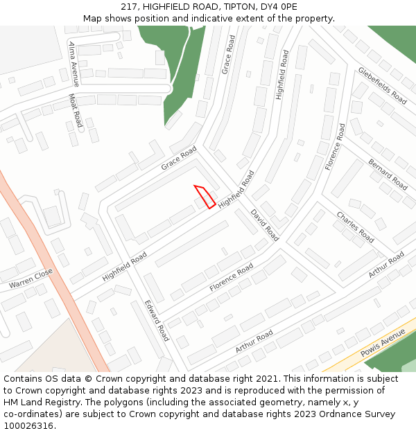 217, HIGHFIELD ROAD, TIPTON, DY4 0PE: Location map and indicative extent of plot