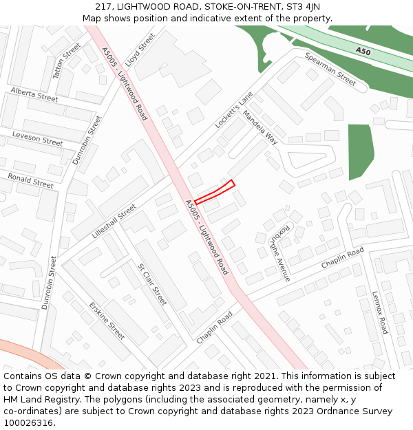 217, LIGHTWOOD ROAD, STOKE-ON-TRENT, ST3 4JN: Location map and indicative extent of plot