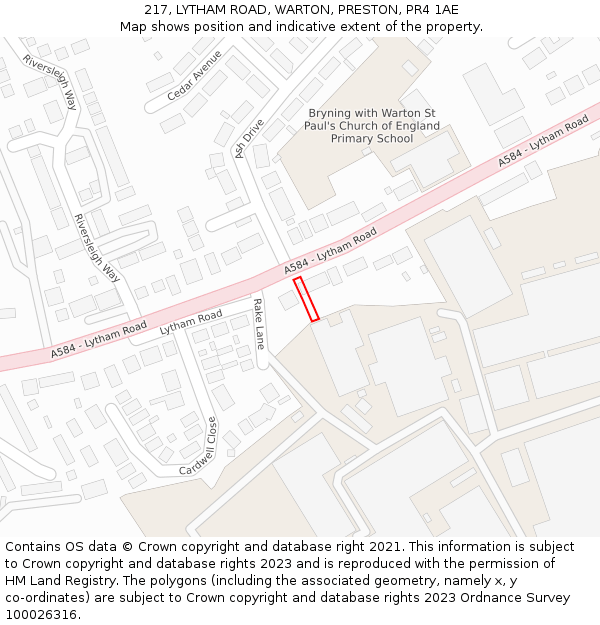 217, LYTHAM ROAD, WARTON, PRESTON, PR4 1AE: Location map and indicative extent of plot