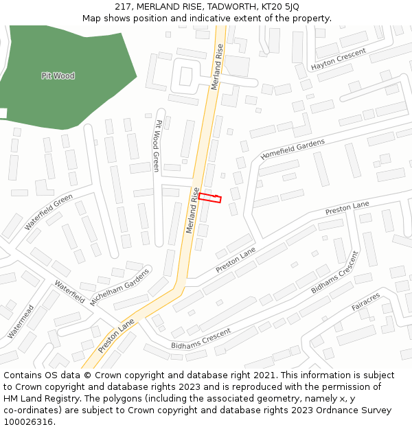 217, MERLAND RISE, TADWORTH, KT20 5JQ: Location map and indicative extent of plot