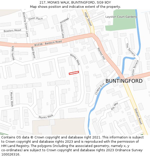 217, MONKS WALK, BUNTINGFORD, SG9 9DY: Location map and indicative extent of plot