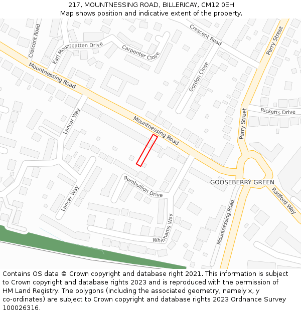 217, MOUNTNESSING ROAD, BILLERICAY, CM12 0EH: Location map and indicative extent of plot