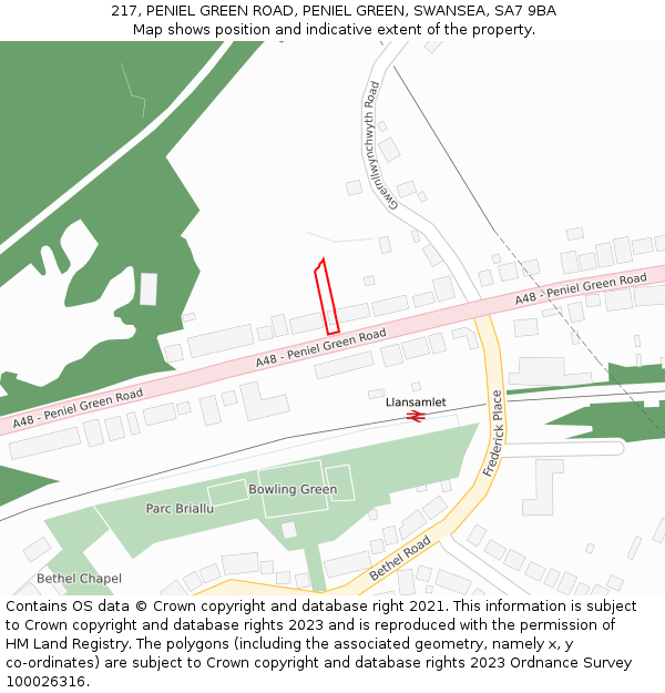 217, PENIEL GREEN ROAD, PENIEL GREEN, SWANSEA, SA7 9BA: Location map and indicative extent of plot