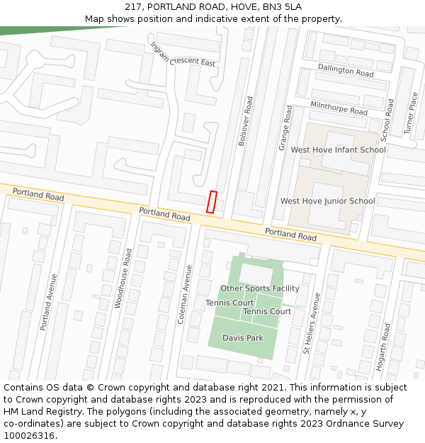 217, PORTLAND ROAD, HOVE, BN3 5LA: Location map and indicative extent of plot