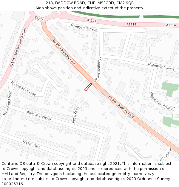 218, BADDOW ROAD, CHELMSFORD, CM2 9QR: Location map and indicative extent of plot
