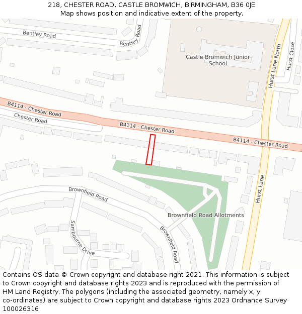 218, CHESTER ROAD, CASTLE BROMWICH, BIRMINGHAM, B36 0JE: Location map and indicative extent of plot