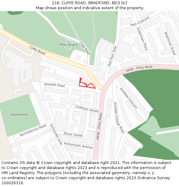 218, CLIFFE ROAD, BRADFORD, BD3 0LT: Location map and indicative extent of plot