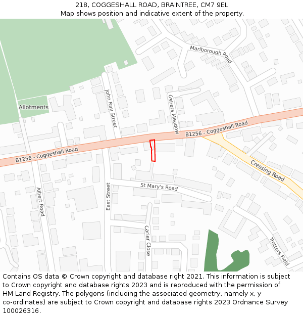 218, COGGESHALL ROAD, BRAINTREE, CM7 9EL: Location map and indicative extent of plot