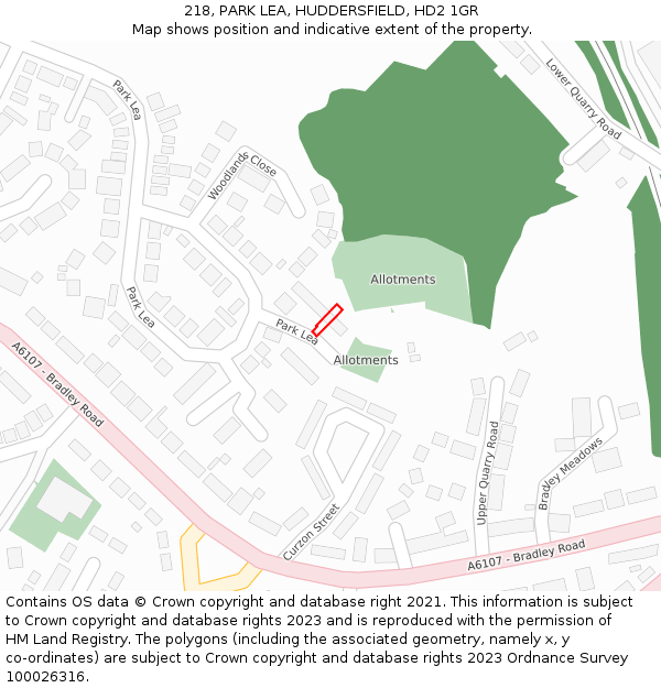 218, PARK LEA, HUDDERSFIELD, HD2 1GR: Location map and indicative extent of plot