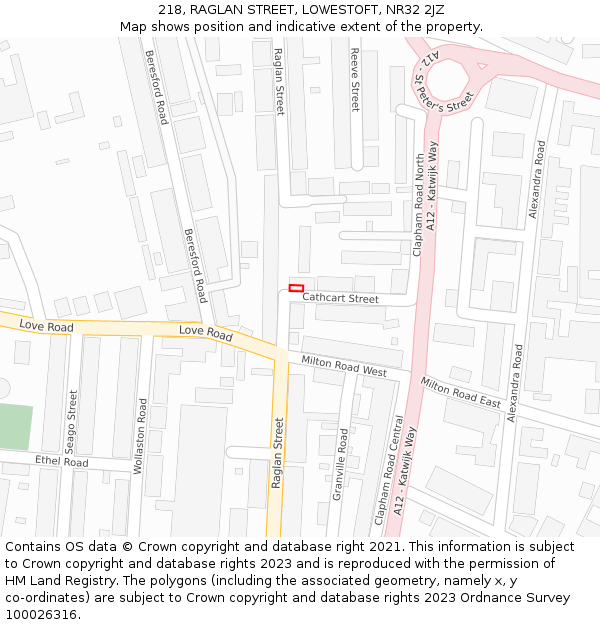 218, RAGLAN STREET, LOWESTOFT, NR32 2JZ: Location map and indicative extent of plot