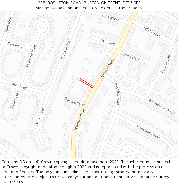 218, ROSLISTON ROAD, BURTON-ON-TRENT, DE15 9RF: Location map and indicative extent of plot
