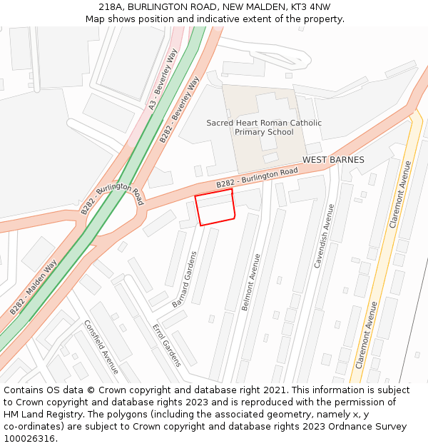 218A, BURLINGTON ROAD, NEW MALDEN, KT3 4NW: Location map and indicative extent of plot