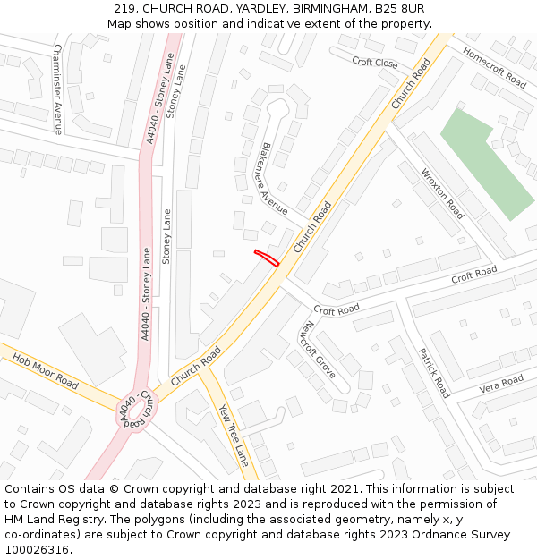 219, CHURCH ROAD, YARDLEY, BIRMINGHAM, B25 8UR: Location map and indicative extent of plot