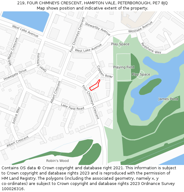 219, FOUR CHIMNEYS CRESCENT, HAMPTON VALE, PETERBOROUGH, PE7 8JQ: Location map and indicative extent of plot