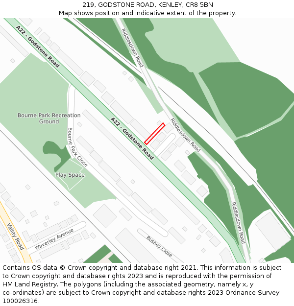 219, GODSTONE ROAD, KENLEY, CR8 5BN: Location map and indicative extent of plot