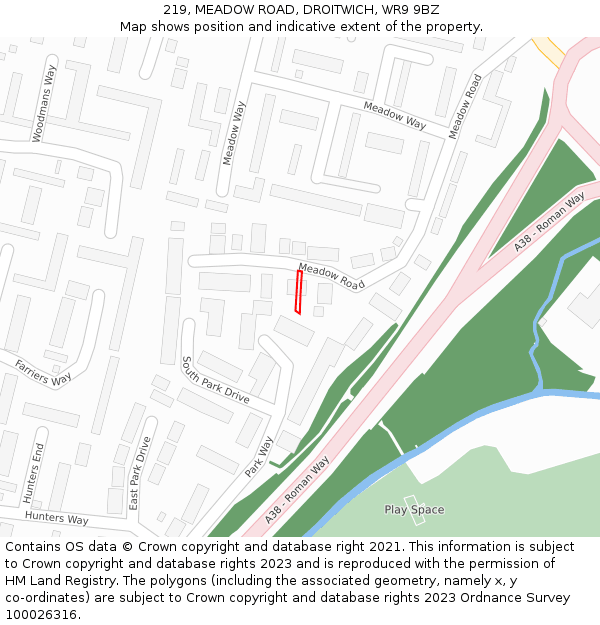 219, MEADOW ROAD, DROITWICH, WR9 9BZ: Location map and indicative extent of plot