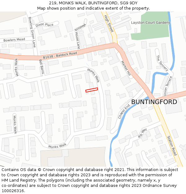 219, MONKS WALK, BUNTINGFORD, SG9 9DY: Location map and indicative extent of plot