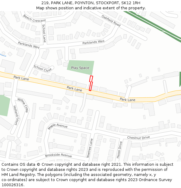 219, PARK LANE, POYNTON, STOCKPORT, SK12 1RH: Location map and indicative extent of plot