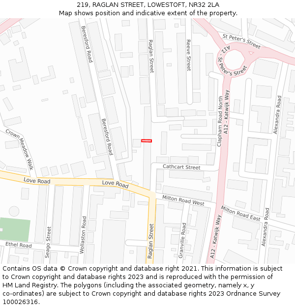 219, RAGLAN STREET, LOWESTOFT, NR32 2LA: Location map and indicative extent of plot