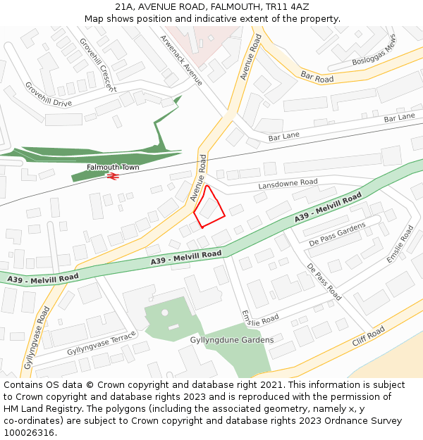 21A, AVENUE ROAD, FALMOUTH, TR11 4AZ: Location map and indicative extent of plot