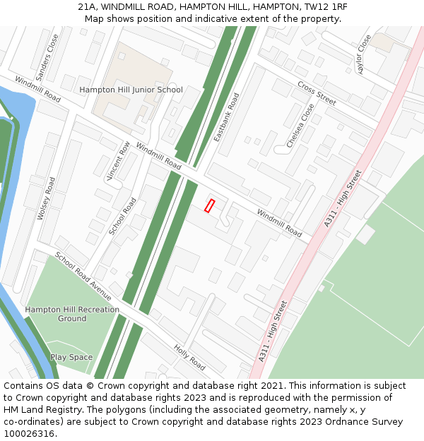 21A, WINDMILL ROAD, HAMPTON HILL, HAMPTON, TW12 1RF: Location map and indicative extent of plot