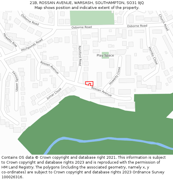 21B, ROSSAN AVENUE, WARSASH, SOUTHAMPTON, SO31 9JQ: Location map and indicative extent of plot