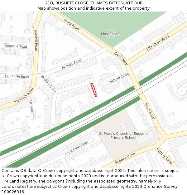 21B, RUSHETT CLOSE, THAMES DITTON, KT7 0UR: Location map and indicative extent of plot