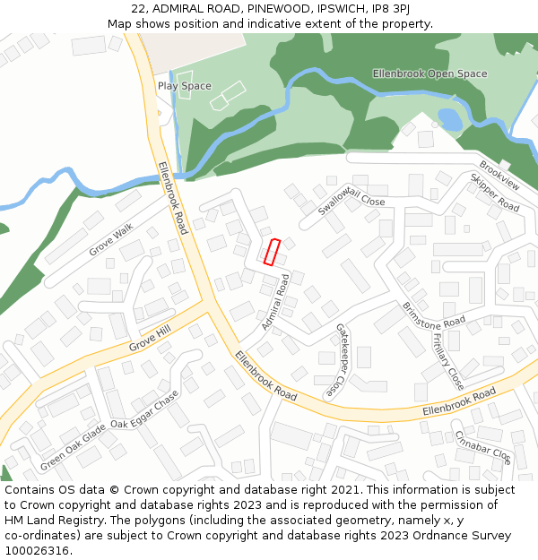 22, ADMIRAL ROAD, PINEWOOD, IPSWICH, IP8 3PJ: Location map and indicative extent of plot