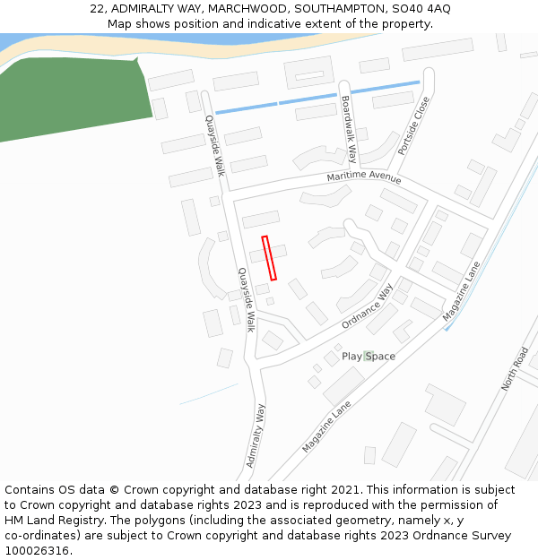 22, ADMIRALTY WAY, MARCHWOOD, SOUTHAMPTON, SO40 4AQ: Location map and indicative extent of plot