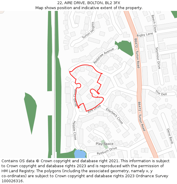 22, AIRE DRIVE, BOLTON, BL2 3FX: Location map and indicative extent of plot