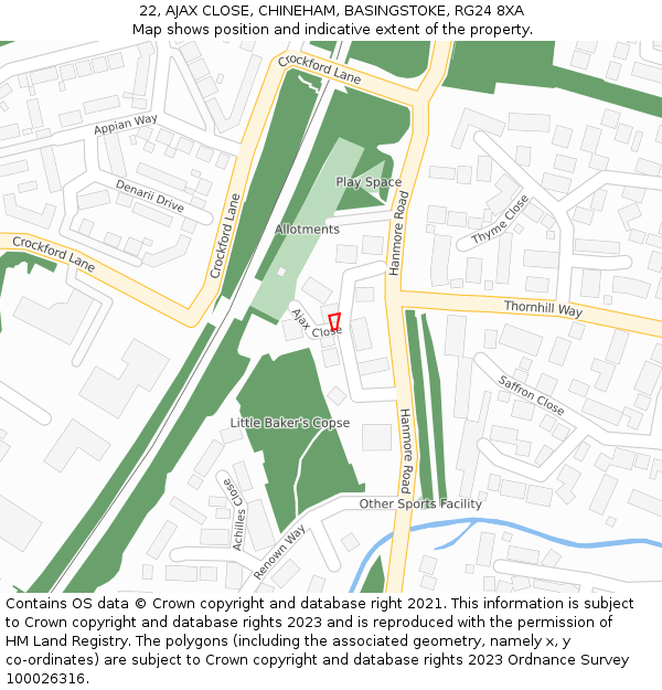 22, AJAX CLOSE, CHINEHAM, BASINGSTOKE, RG24 8XA: Location map and indicative extent of plot