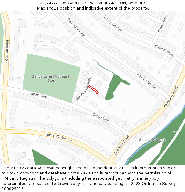 22, ALAMEDA GARDENS, WOLVERHAMPTON, WV6 9EX: Location map and indicative extent of plot