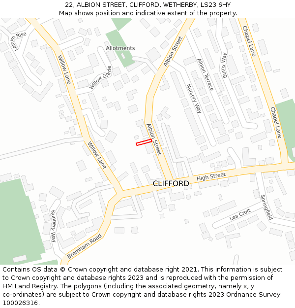 22, ALBION STREET, CLIFFORD, WETHERBY, LS23 6HY: Location map and indicative extent of plot
