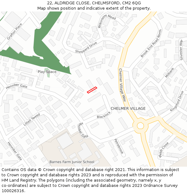 22, ALDRIDGE CLOSE, CHELMSFORD, CM2 6QG: Location map and indicative extent of plot