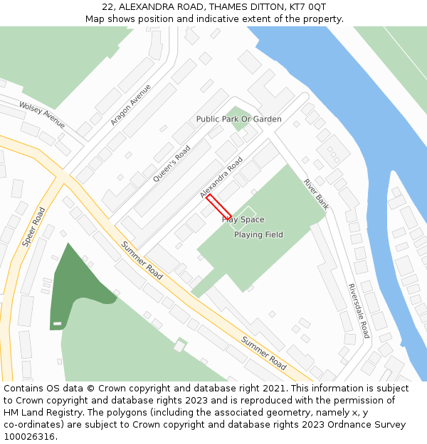 22, ALEXANDRA ROAD, THAMES DITTON, KT7 0QT: Location map and indicative extent of plot