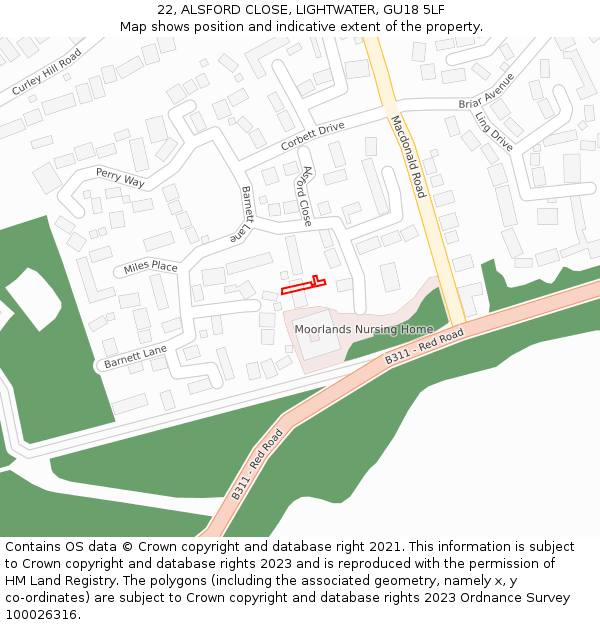 22, ALSFORD CLOSE, LIGHTWATER, GU18 5LF: Location map and indicative extent of plot