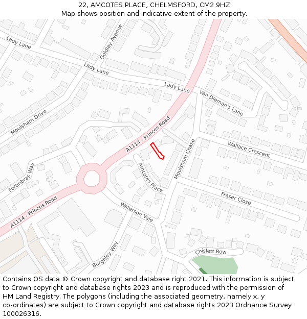 22, AMCOTES PLACE, CHELMSFORD, CM2 9HZ: Location map and indicative extent of plot