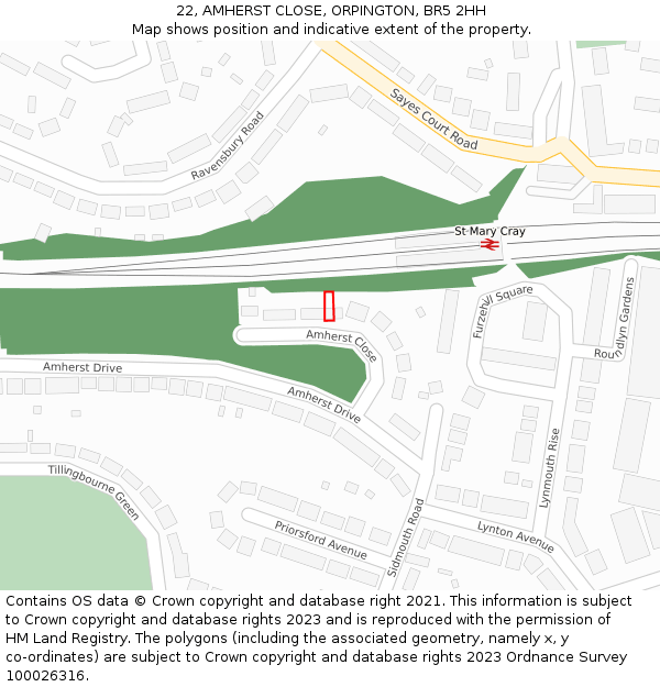 22, AMHERST CLOSE, ORPINGTON, BR5 2HH: Location map and indicative extent of plot