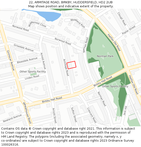 22, ARMITAGE ROAD, BIRKBY, HUDDERSFIELD, HD2 2UB: Location map and indicative extent of plot