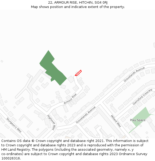 22, ARMOUR RISE, HITCHIN, SG4 0RJ: Location map and indicative extent of plot