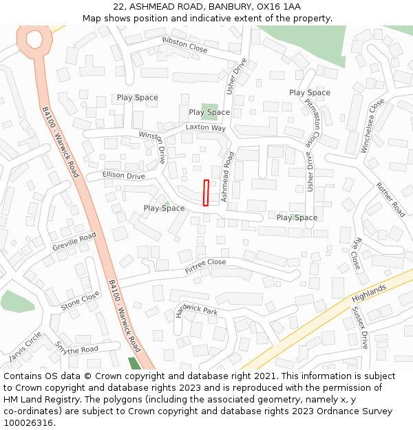22, ASHMEAD ROAD, BANBURY, OX16 1AA: Location map and indicative extent of plot