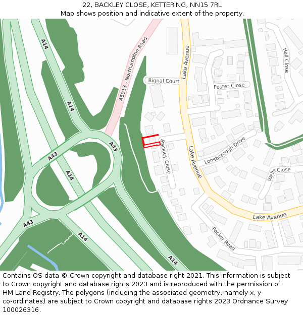 22, BACKLEY CLOSE, KETTERING, NN15 7RL: Location map and indicative extent of plot