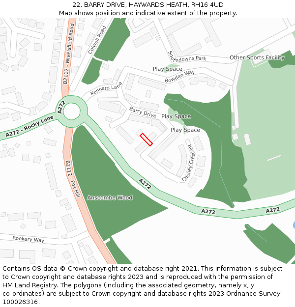 22, BARRY DRIVE, HAYWARDS HEATH, RH16 4UD: Location map and indicative extent of plot