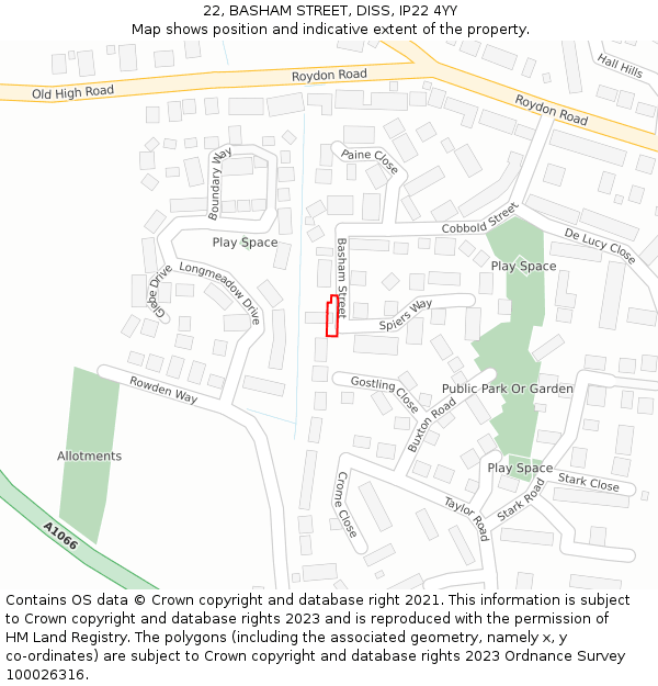 22, BASHAM STREET, DISS, IP22 4YY: Location map and indicative extent of plot