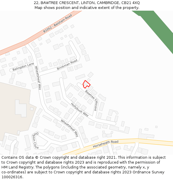 22, BAWTREE CRESCENT, LINTON, CAMBRIDGE, CB21 4XQ: Location map and indicative extent of plot