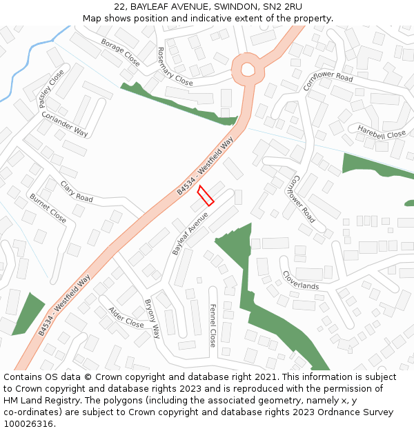 22, BAYLEAF AVENUE, SWINDON, SN2 2RU: Location map and indicative extent of plot